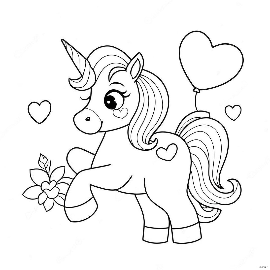 Magical Valentines Unicorn With Heart Balloons Coloring Page 44443 36962