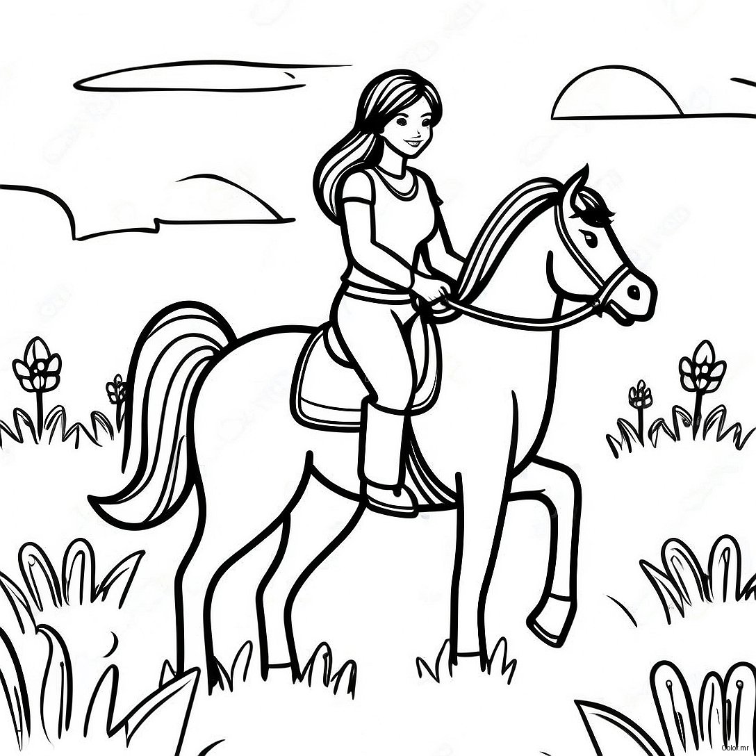 Realistic Girl Riding A Horse In A Meadow Coloring Page 47373 39412