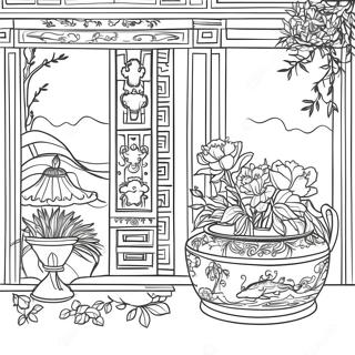 Elegant Chinoiserie Scene Fargeleggingsark 23434-21486