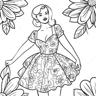 Retro Pin Up Jente I Blomsterkjole Fargeleggingsark 31910-16426